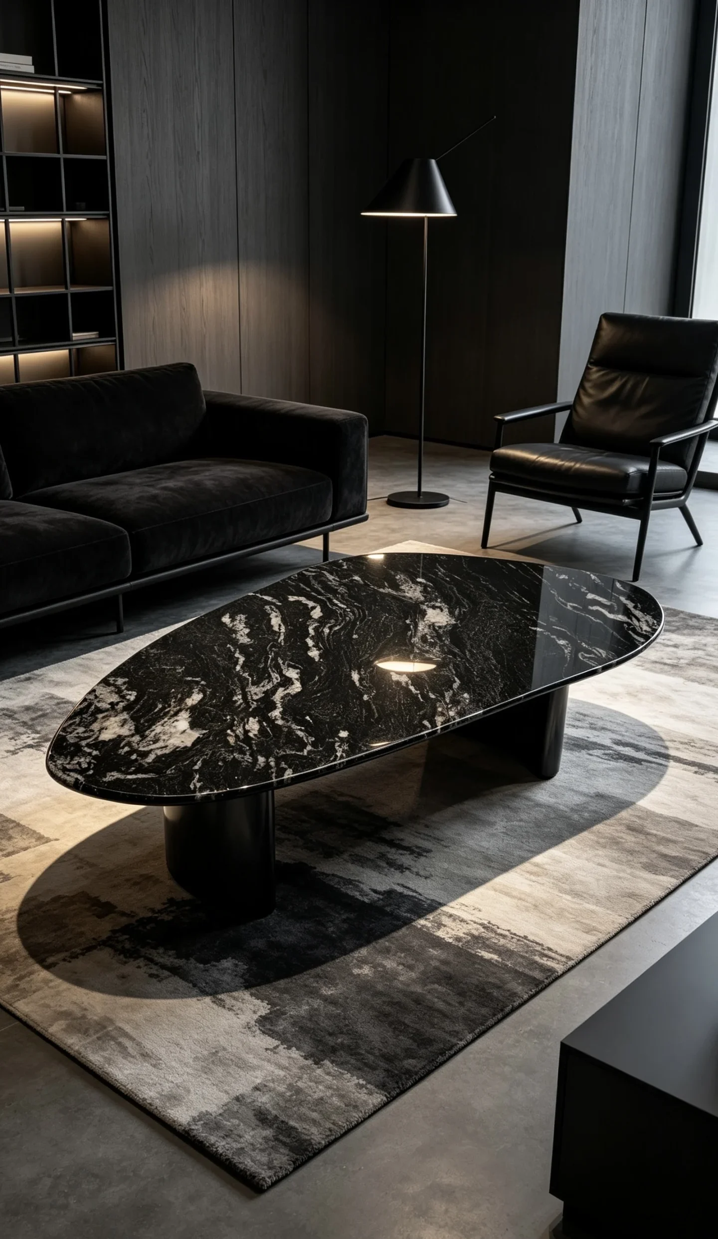 A dark sculptural stone coffee table in a moody contemporary living room