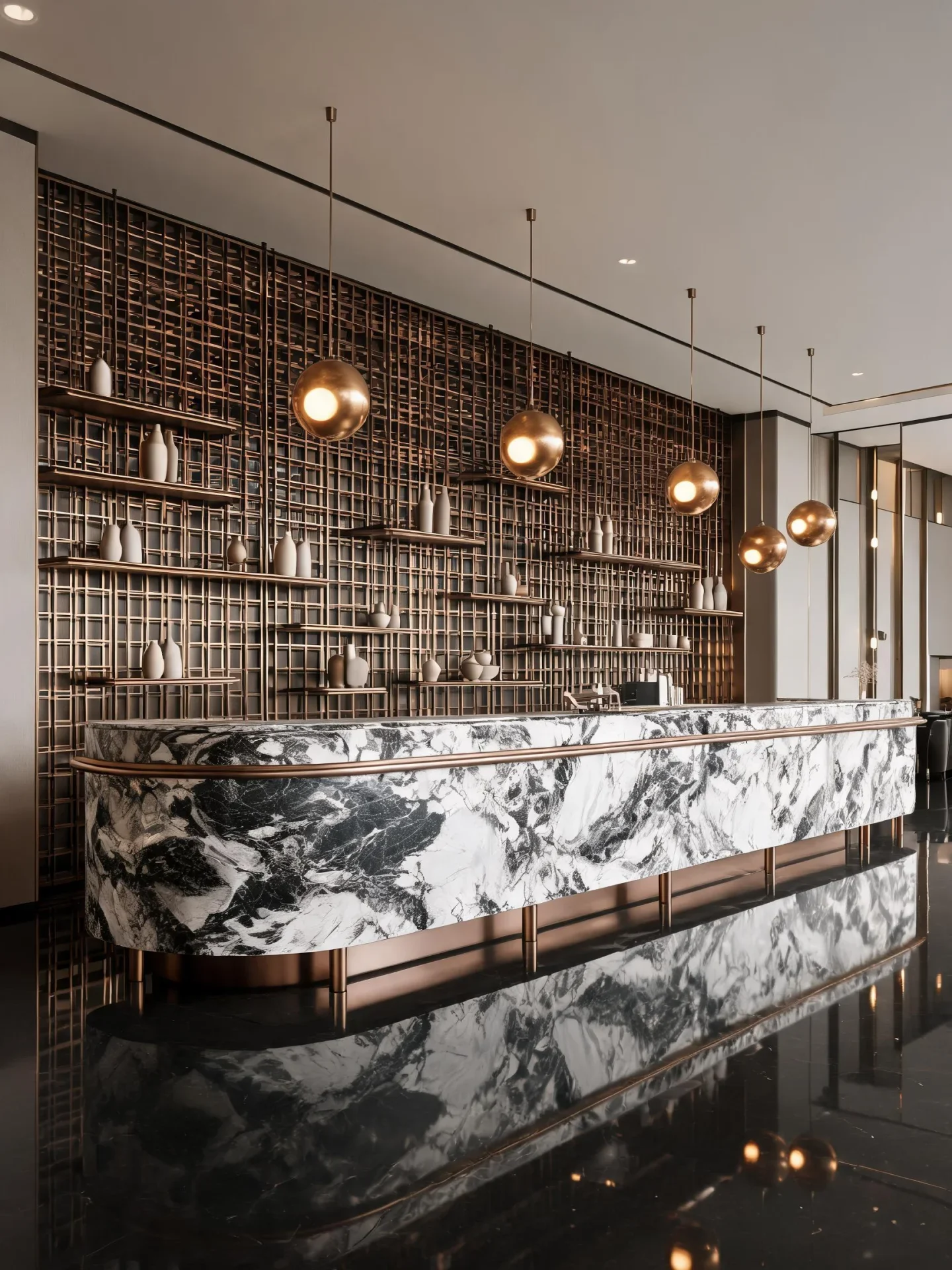 A richly veined stone hospitality counter beneath warm pendant lighting