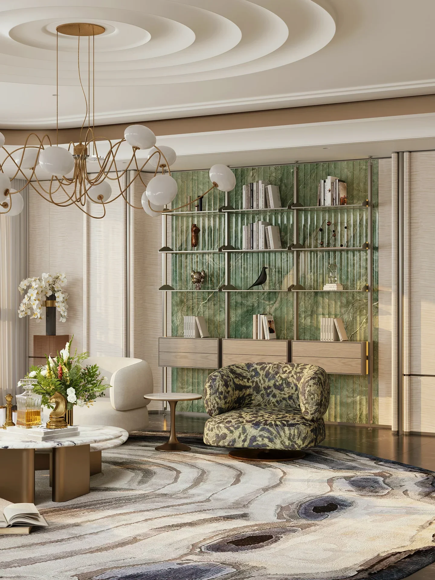 An interior with green shelving and a strongly patterned stone floor