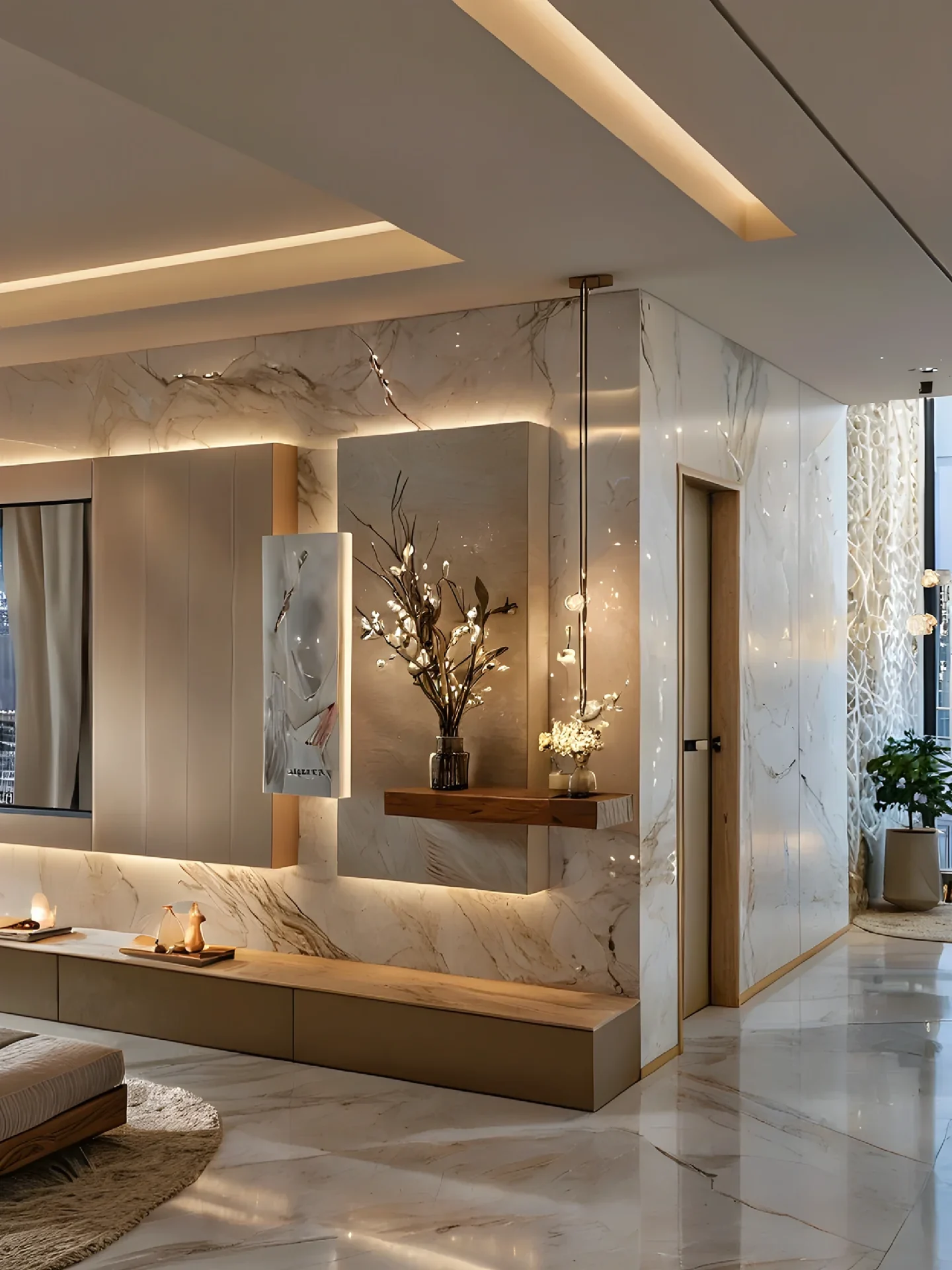 A layered stone television wall and warm timber detailing in a contemporary living space