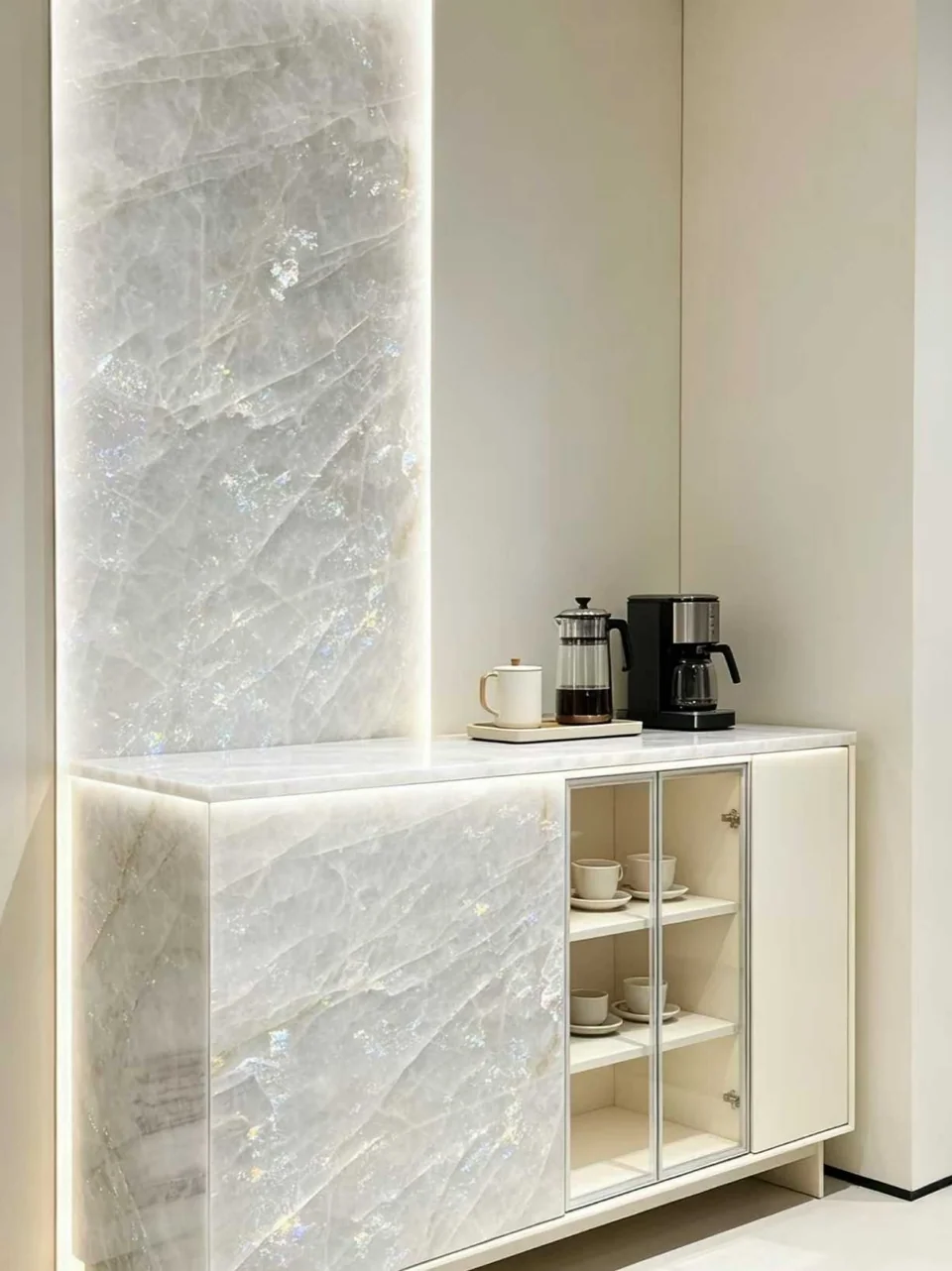Pale stone wall and counter with concealed lighting