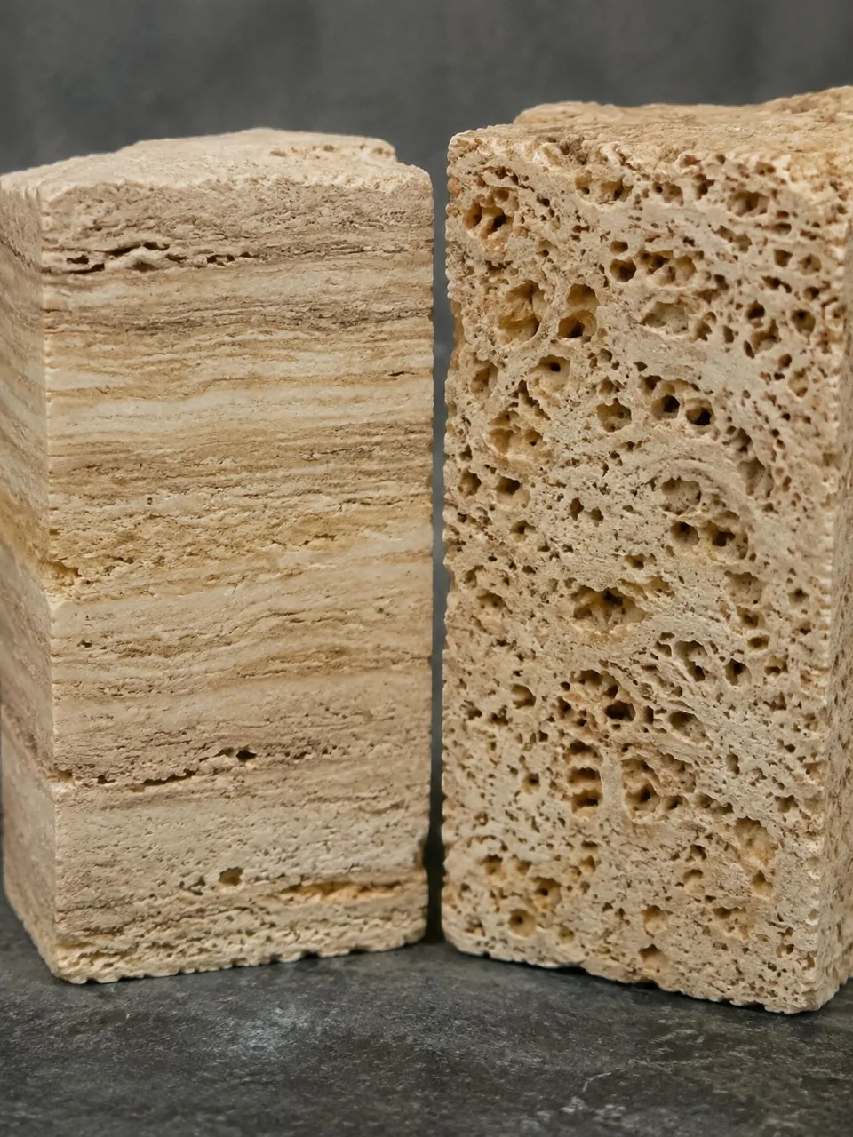 Two travertine samples showing different pore patterns