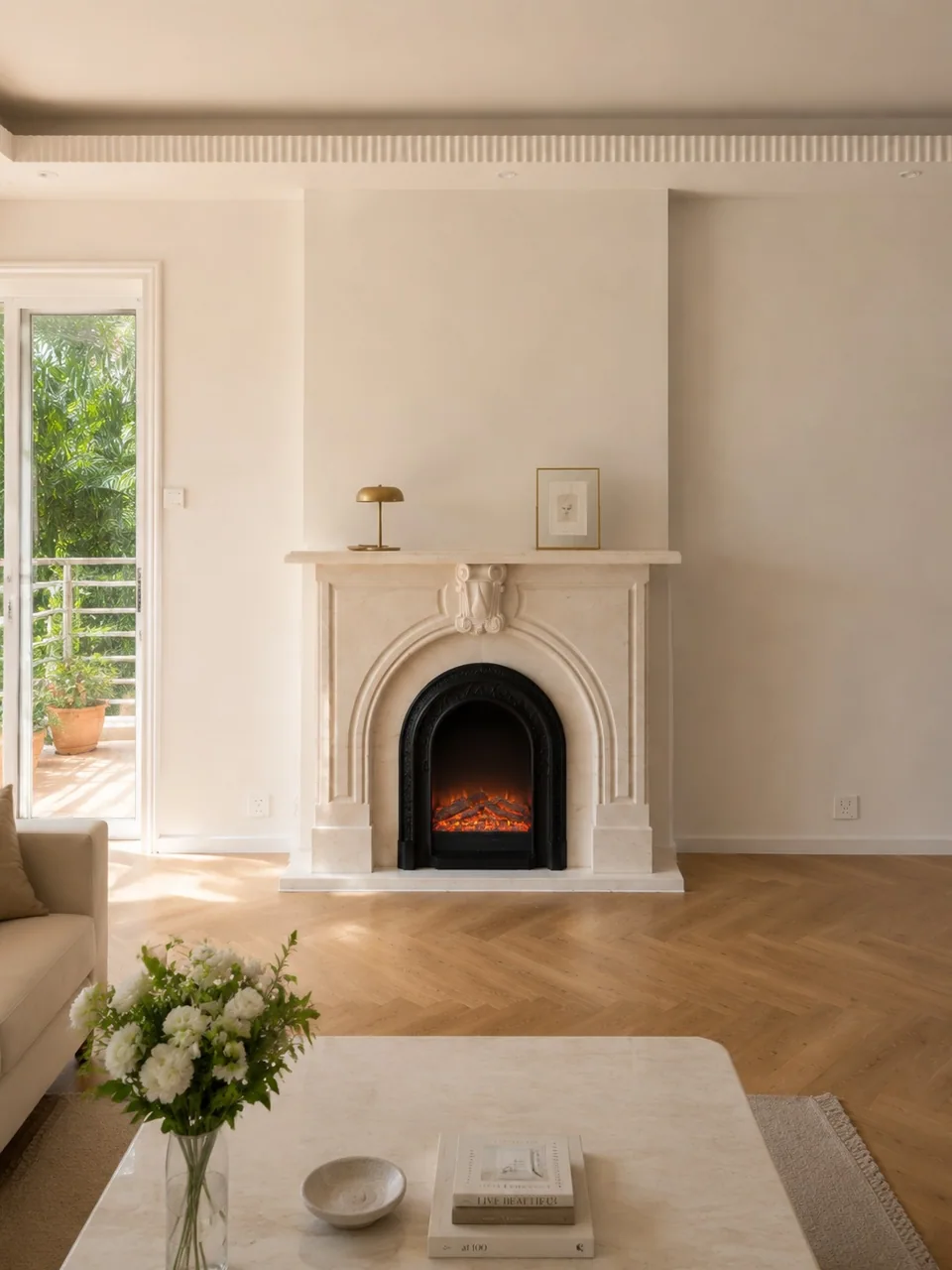 A light stone fireplace surround in a sunlit room