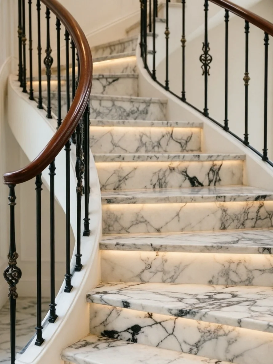 Marble stair treads and a curved handrail junction