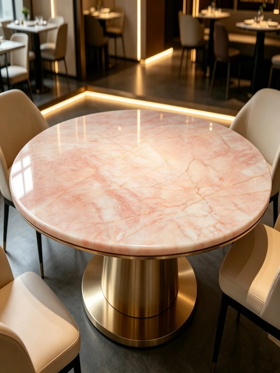 Warm pink stone table considered with surrounding finishes