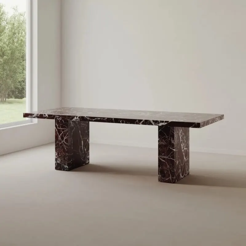 Rectangular Rosso Levanto marble table on slab legs